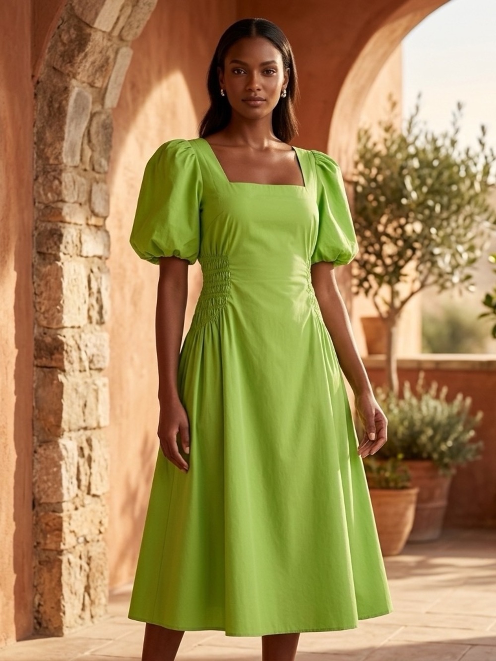 TRULY 4 YOU Lime Green Square Neck Puff Sleeve Midi Dress